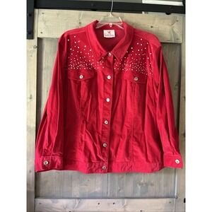 Vintage Quacker Factory Womens Jacket Red Corduroy Embellished Button Up Sz 3X